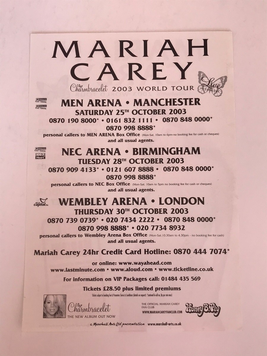 MARIAH CAREY CHARMBRACELET WORLD TOUR 2003 UK 2-SIDED PROMO FLYER