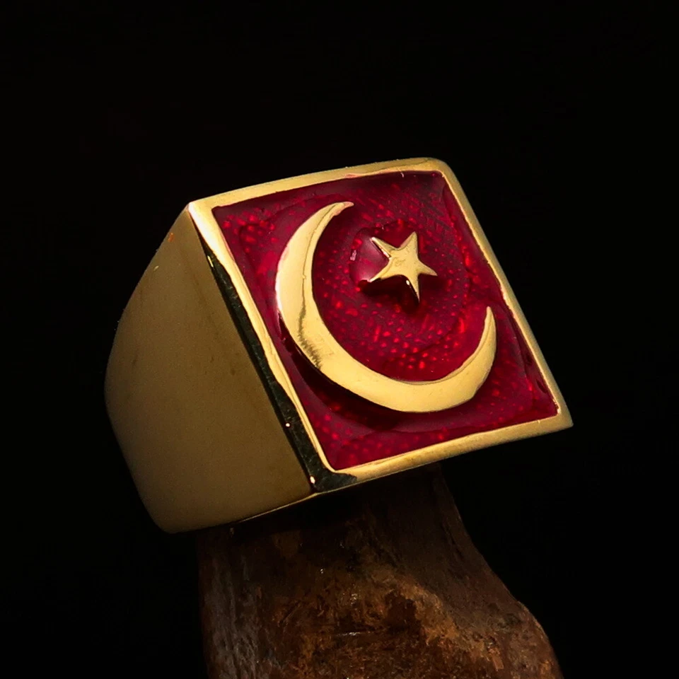 SQUARE MENS BRASS RING CRESCENT MOON AND STAR SYMBOL RED SIZE 8 - Image 3 of 4