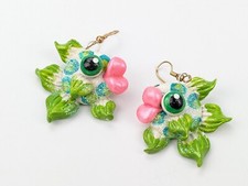 Vintage Polymer Clay Artisan Green White Blue Fish Dangle Drop Pierced Earrings