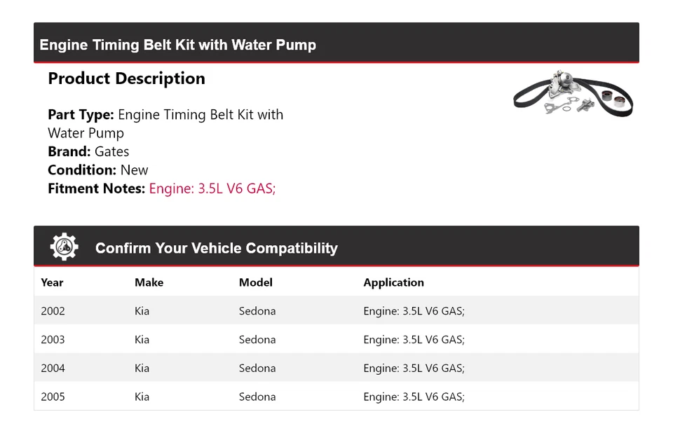 Kit de correia dentada para motor Kia Sedona 2002-2005 com portões de bomba de água 2003 2004 - Imagem 2 de 4