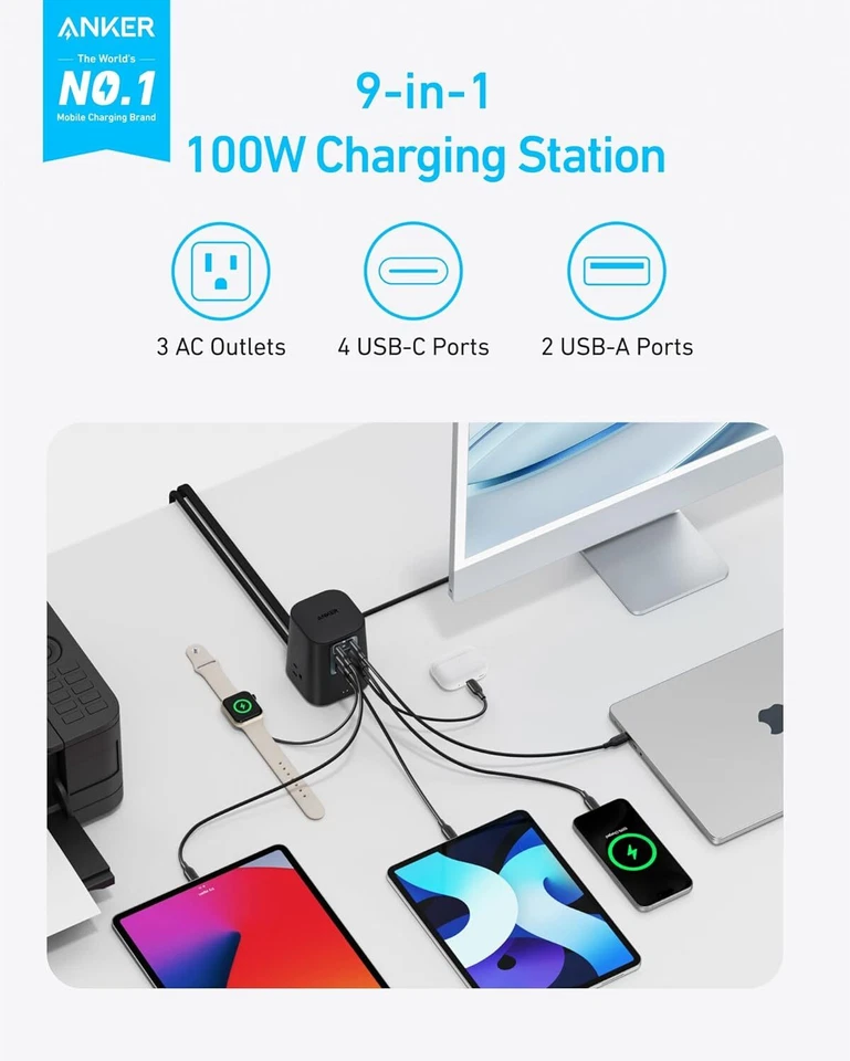 Estación de carga Anker 9 en 1 tira de alimentación con 4 tomas de corriente USB C/2xUSB A/3xAC, 5 pies Foto 2 de 4