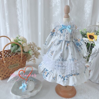 Blythe 1/6 1/4 1/3 BJD Clothes White Dress + Headwear Blue Flowers In Snowflakes