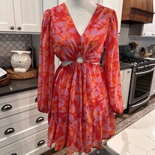 Jessica Simpson Pink Orange O-Ring Cut Out Ruffle Dress Skater NWT Size S