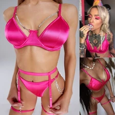 Women's Sexy-Satin-Lingerie Babydoll Bra G-thong Garter Set Sleepwear Underwear