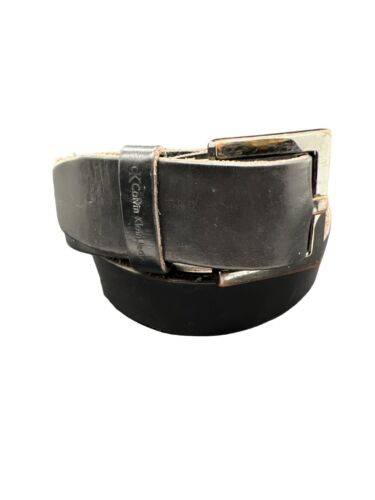 VINTAGE Calvin Klein Belt Mens Size M Black Leather Distressed Genuine - Afbeelding 1 van 16