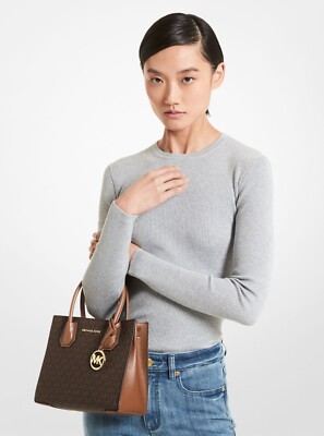 Latest Michael Kors MERCER Medium Brown Logo PVC Crossbody Bag