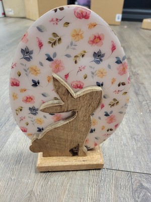 Easter Wooden Flowered Egg With Bunny Rabbit New No Box 5.75'' X 8.5'' X 2''