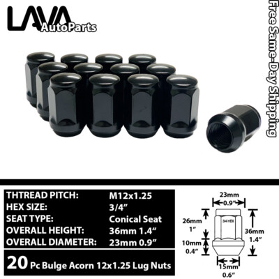 20PC 1.38'' TALL 12X1.25 BLACK 3/4'' HEX ACORN LUG NUT FIT INFINITI NISSA SUBARU