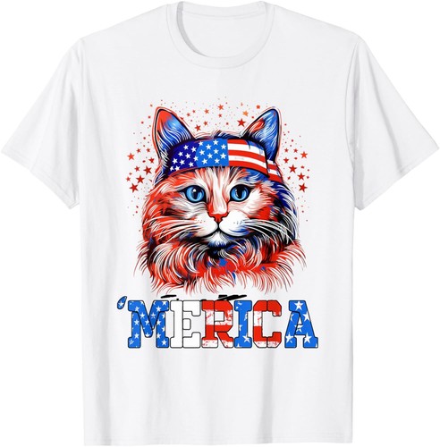 Memorial Day Cat, 4th of July Patriotic American Flag T-Shirt Hoodie - Picture 7 of 13