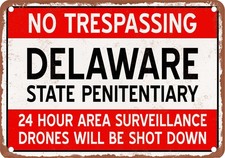 Metal Sign - DELAWARE Prison Drones Will Be Shot Down - Vintage Rusty Look