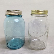Vintage Ball Mason Jars Aqua Blue and Clear with Lids (Lot of 2) Made In USA