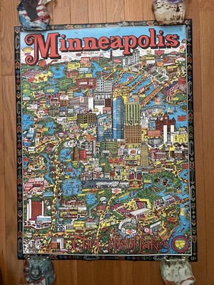 1970 s Vintage Original Pictorial Cartoon Map MINNEAPOLIS MN Travel poster