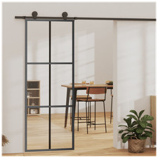 Porta Scorrevole 76x205 cm Vetro ESG Trasparente Telaio Alluminio Nero con Binario