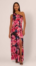 New Adrianna Papell Pleated Floral One-Shoulder Chiffon Gown Black/Berry Sz 12