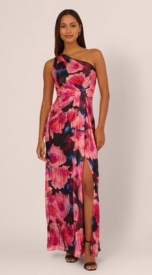 New Adrianna Papell Pleated Floral One-Shoulder Chiffon Gown  Black/Berry Sz 12