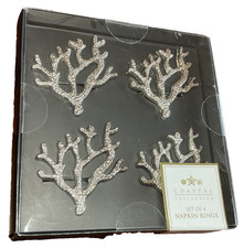 COASTAL COLLECTION NAPKIN RINGS 4 CORAL SILVER TONE METAL NIB