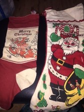 2 Vintage Christmas Stockings Santa 1950's Mid Century fabric