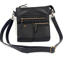 Black Faux Leather Crossbody Bag Multi Pocket Organizer Purse Adjustable Strap