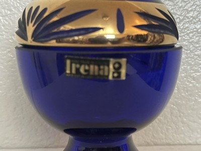 Irena Poland 24% Lead Crystal Cobalt Blue Gold Hand Cut Container