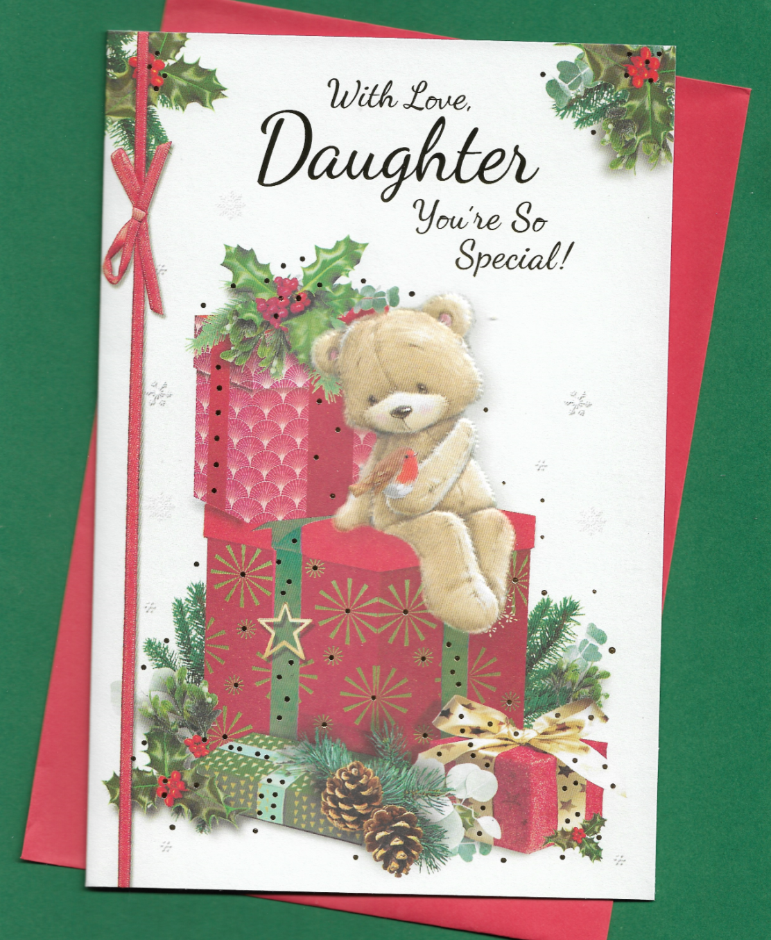 Daughter Christmas Card 9""x6"" Cute Teddy Bear Sat On Presents Your So Special