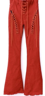 Edikted Y2K Lace Up Flare Jeans Womens Red Corset Bell Bottom XS