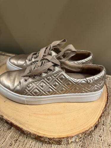 Tory Burch Marion Quilted Metallic Gold Leather Lace-up Sneakers  Shoes 8 - Picture 11 of 14