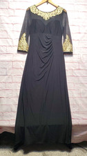 Alex Evenings Dress Womens 8 Black Gold Embellished Mesh Gown Long Formal Glam