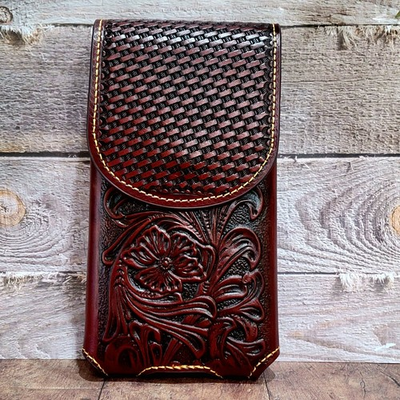 #ad Western Cowboy Belt Loop Phone Holster Brown LARGE Genuine Leather Basketweave $34.32