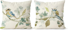 Throw Pillow Covers 18x18 Set of 2 Fall Farmhouse Linen Birds Leaves Print Green