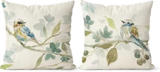 Throw Pillow Covers 18x18 Set of 2 Fall Farmhouse Linen Birds Leaves Print Green