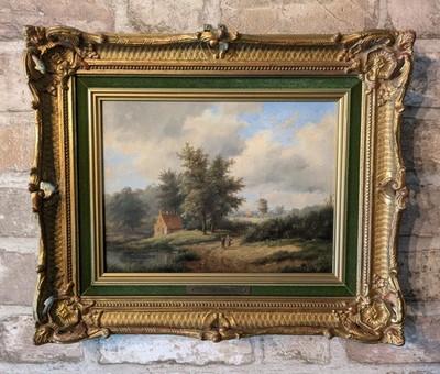 M. VERMEULEN antikes niederländisches Ölgemälde Windmühle Landschaft Roelofs Galerie Etikett
