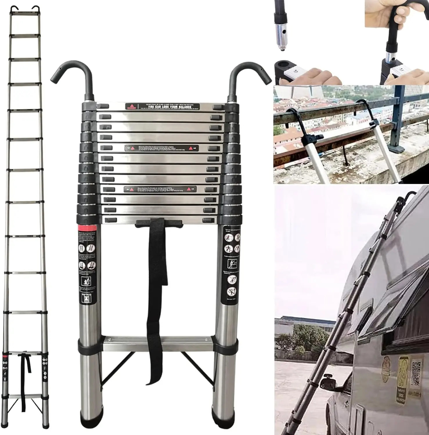 Stainless Steel Telescopic Ladder Extension 5M 16.5FT Folding Loft Attic Hooks