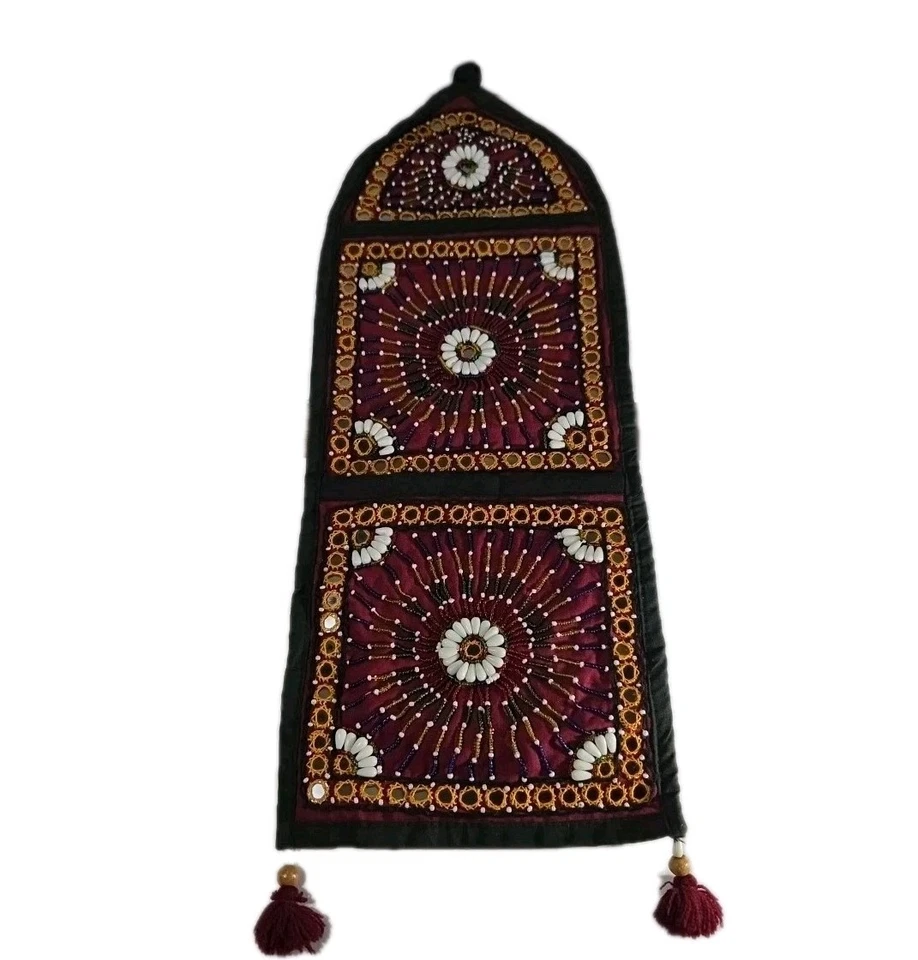 INDIA Embroidery VTG Mirror Bead Hand Work WALL HANGING TAPESTRY MANDALA Pockets - Image 2 of 4