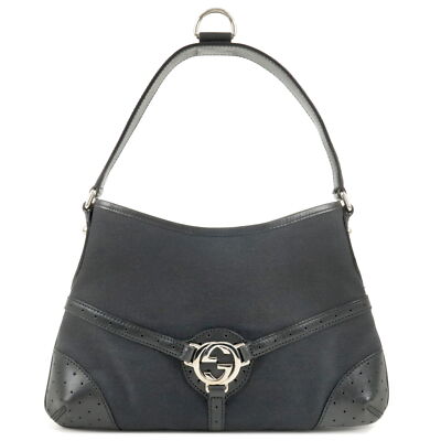 GUCCI Interlocking G Shoulder Bag Black Canvas Leather 114877 Auth Used