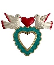Tin HEART MIRROR, Small Corazon with Doves, Sacred Heart, Mexican Punched Tin