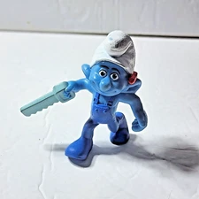 McDonald's HANDY Smurf PVC Figure Saw Overalls Peyo 2011 Happy Meal Toy 3"