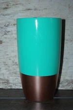 Vintage Mid Century Modern Aqua Sea Green Ceramic Pottery and Copper Vase