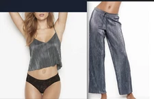  VICTORIA'S SECRET WOMEN'S GUNMETAL SHINE PLEAT CAMI & PANT PAJAMA SET Sz S