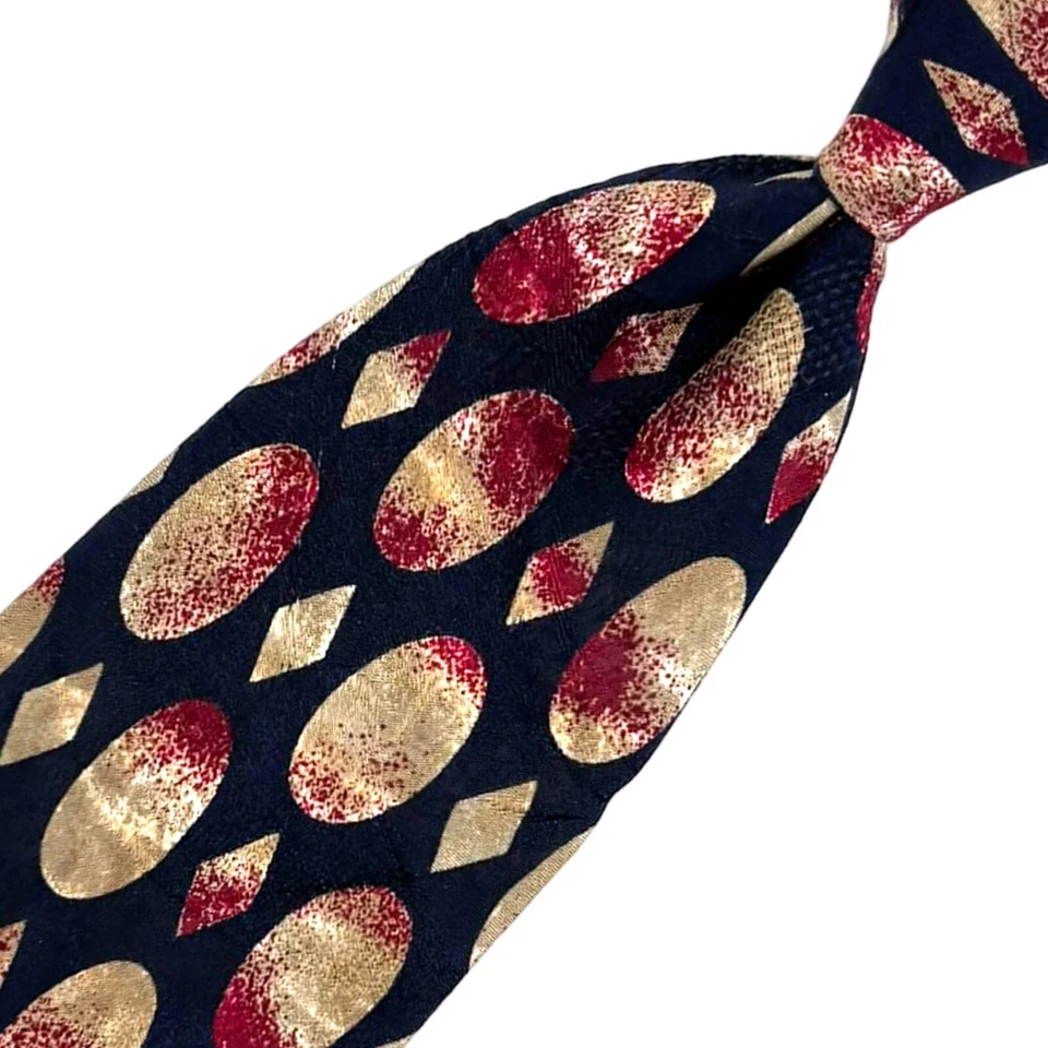 Gravata preta Trussardi - Diamantes ovais vermelhos e dourados geométricos vintage seda Itália gravata - Imagem 4 de 4