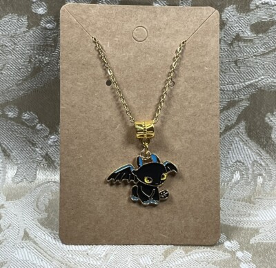 Cartoon Black Dragon Tooth Enamel Pendant Gold Necklace 18  Novelty Necklace