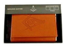 Masonic Tan Leather Tri-Fold RIFF Wallet - Mason Embossed Square and Compasses