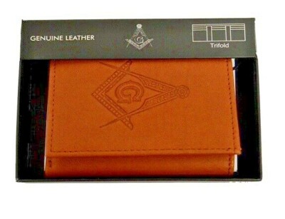 Masonic Tan Leather Tri-Fold RIFF Wallet - Mason Embossed Square and ...