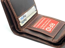 RFID Blocking Hunter Brown Leather Men's Trifold Vintage Wallet Center Flap Prem