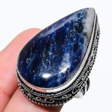 Blue Sodalite Gemstone Handmade 925 Sterling Silver Jewelry Ring Size 7.5 US