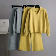 Autumn Knitted Pullover Suit Women's Loose Collar Sweater Wide Leg Pants Set