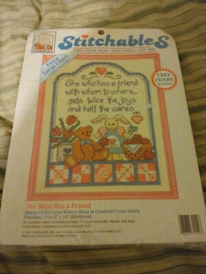 Dimensions cross stitch/ She who has a friend/Sealed/1992/Toy Bear/Rabbit/Frame