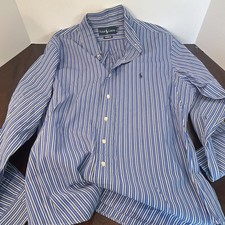 Ralph Lauren Men's Blue White Striped Cotton Custom Fit Shirt Long Sleeve L