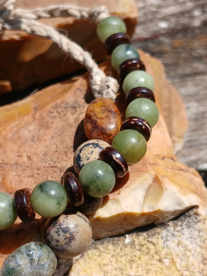 Pulsera Tobillera Cáñamo Unisex Set Océano Jaspe Ágata Jade Africano Estados Unidos Foto 2 de 4