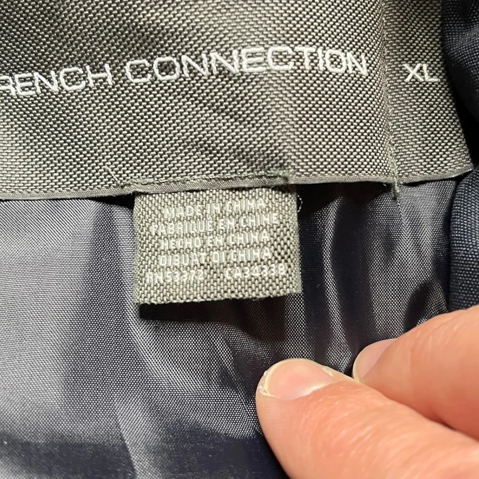 French Connection Mens Navy Hooded Bomber Jacket Faux Fur Trim Zip XL Winter - Image 3 of 4