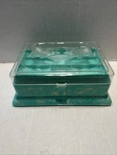 Vintage Hommer Plastic Jewelry Sewing Box Hinged Green Marbled Cats Kittens